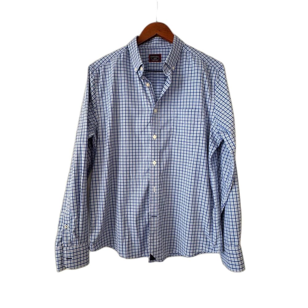 UNTUCKit Men L Regular Fit Performance Shirt Blue Plaid Check Stretch Nylon
